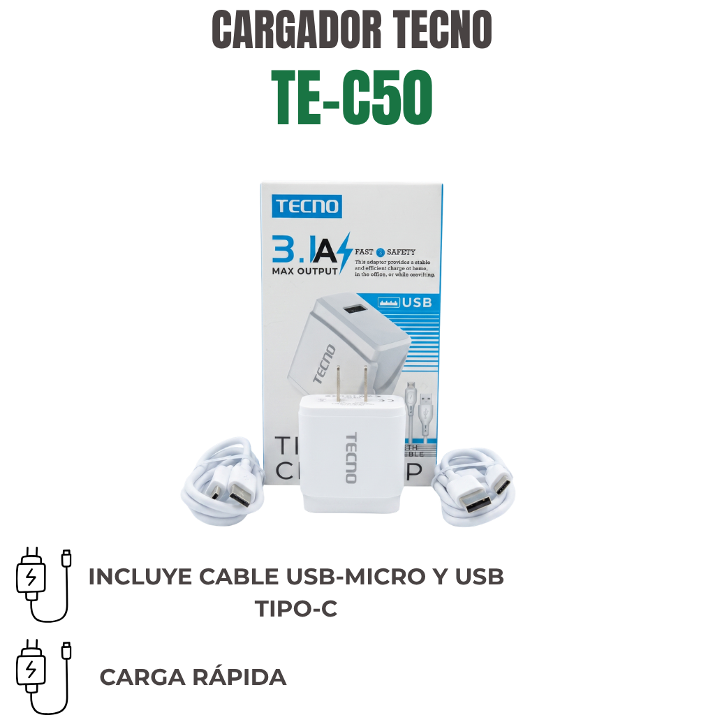 CARGADOR TECNO CON CABLE MICRO Y TIPO C Ref: TE-C50