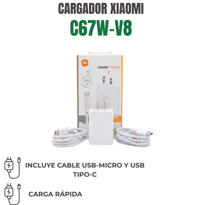 CARGADOR XIAOMI CON CABLE MICRO Y TIPO-C Ref: C67W-V8