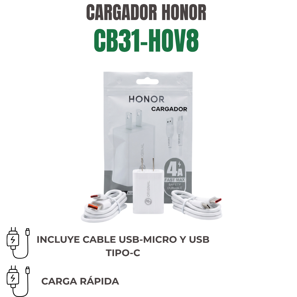 CARGADOR HONOR CON CABLE MICRO Y TIPO-C Ref: CB31-HOV8