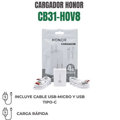 CARGADOR HONOR CON CABLE MICRO Y TIPO-C Ref: CB31-HOV8