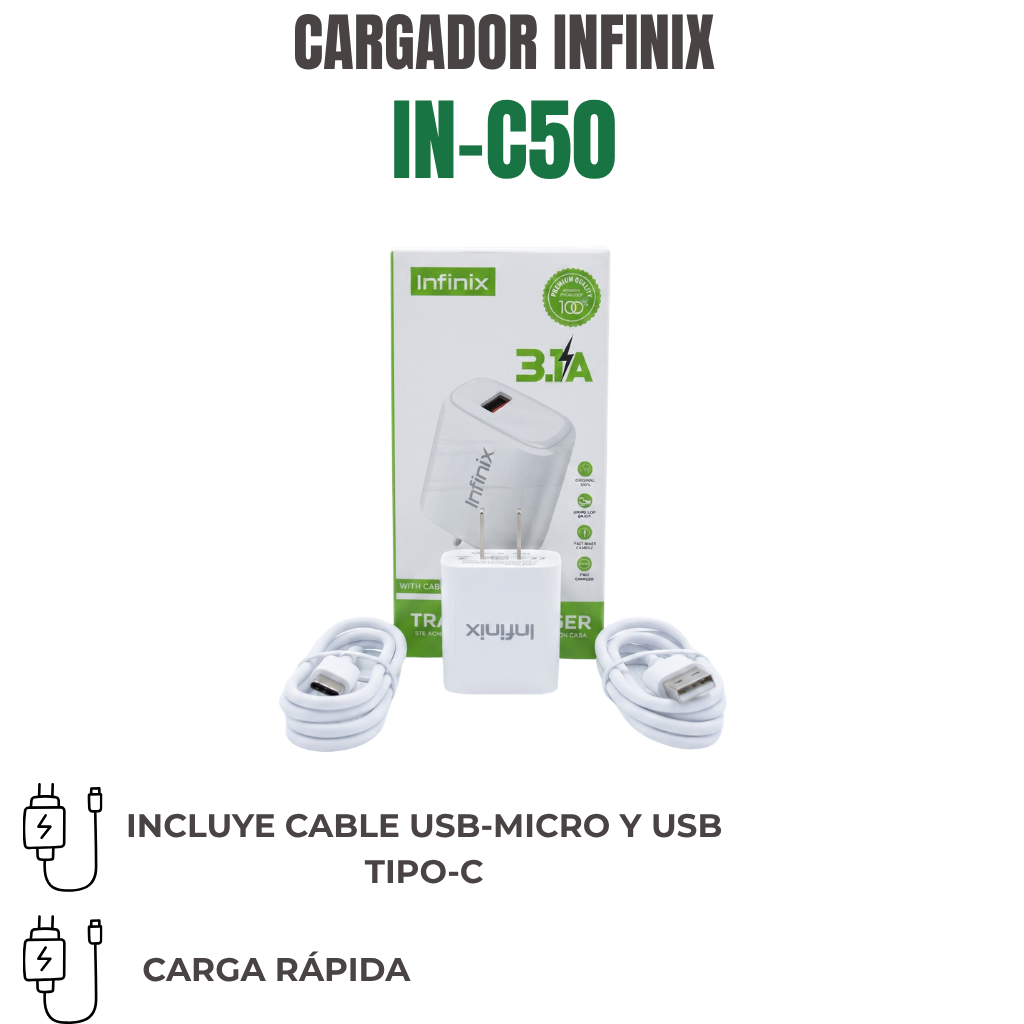 CARGADOR INFINIX CON CABLE MICRO Y TIPO-C Ref: IN-C50