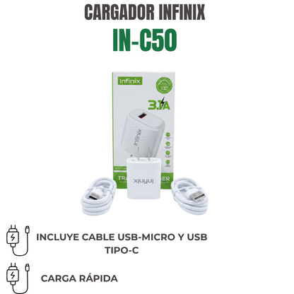 CARGADOR INFINIX CON CABLE MICRO Y TIPO-C Ref: IN-C50